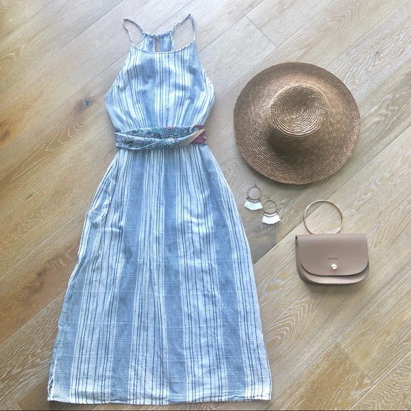 Anthropologie Dresses & Skirts - EVERLY white + blue stripe midi halter dress Med